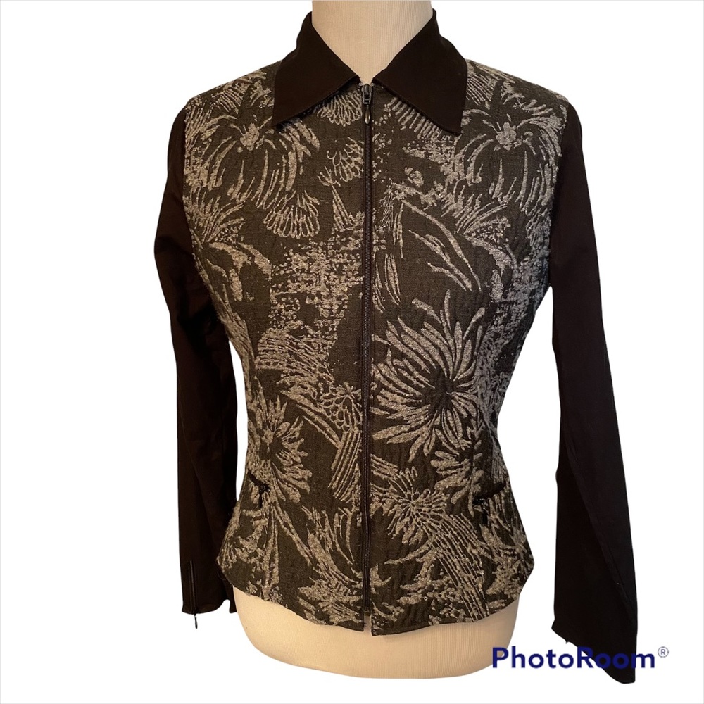 ANNE FONTAINE JACKET COAT BLACK GRAY FLORAL ZIP FRONT FITTED SIZE 2 S SMALL